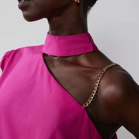 New York & Company Tops - Chic Pink Asymmetrical Top with Gold Chain Strap